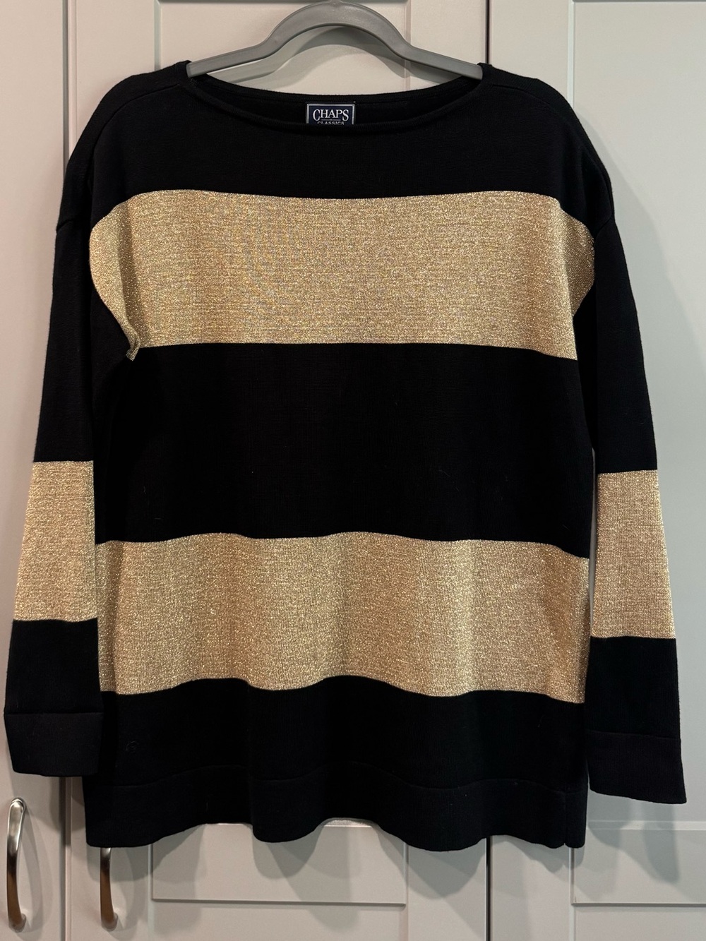 Chaps Black and Gold Striped Crewneck Sweater